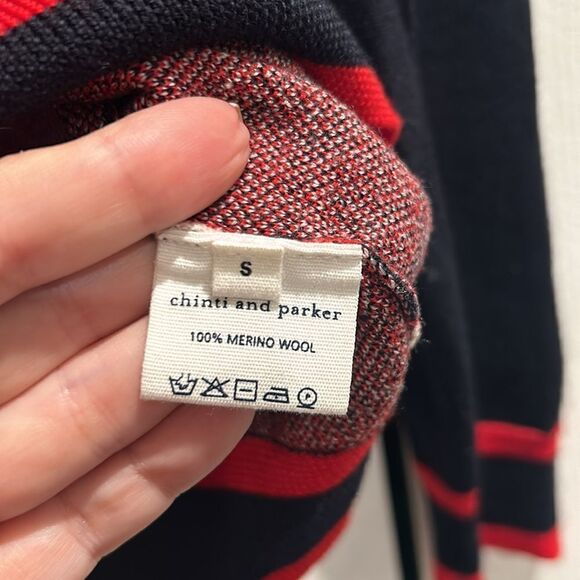 Chinti & Parker Navy/Red/White Heart Print Wool Sweater, Size Small - Picture 7 of 12